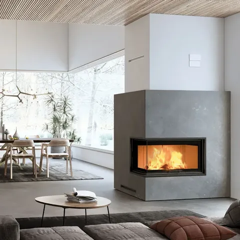 Foyer à bois Edilkamin Windo2 95 Evo R/L, installé dans un séjour