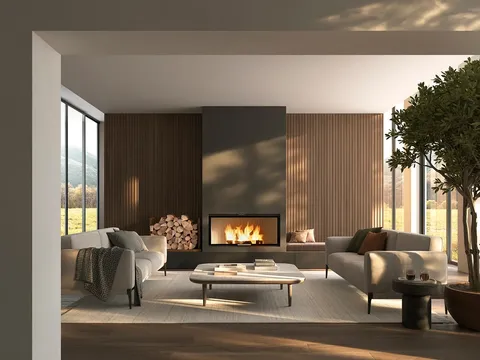 Foyer à bois Girolami Frame installé dans un salon