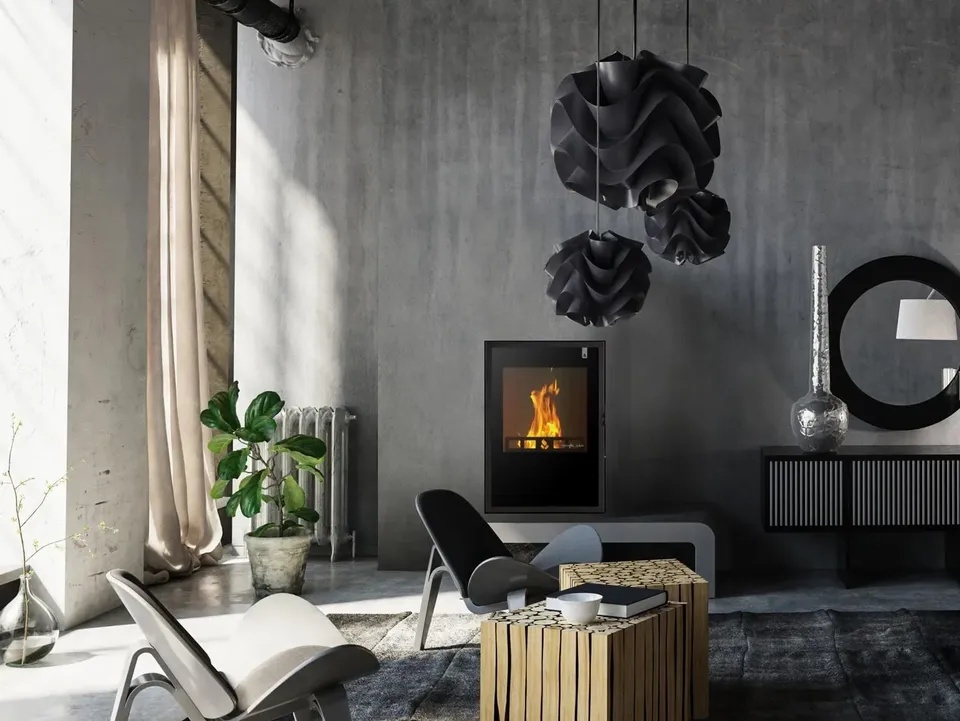 Thermo-foyer hybride Girolami TI Vertical installé dans un salon